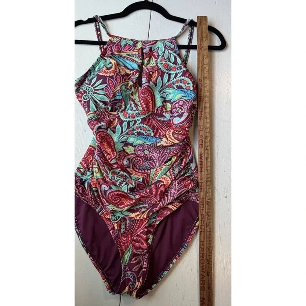 Ellen Tracy Womens Swimsuit High Neck Keyhole Paisley Leaf Print One Piece 8